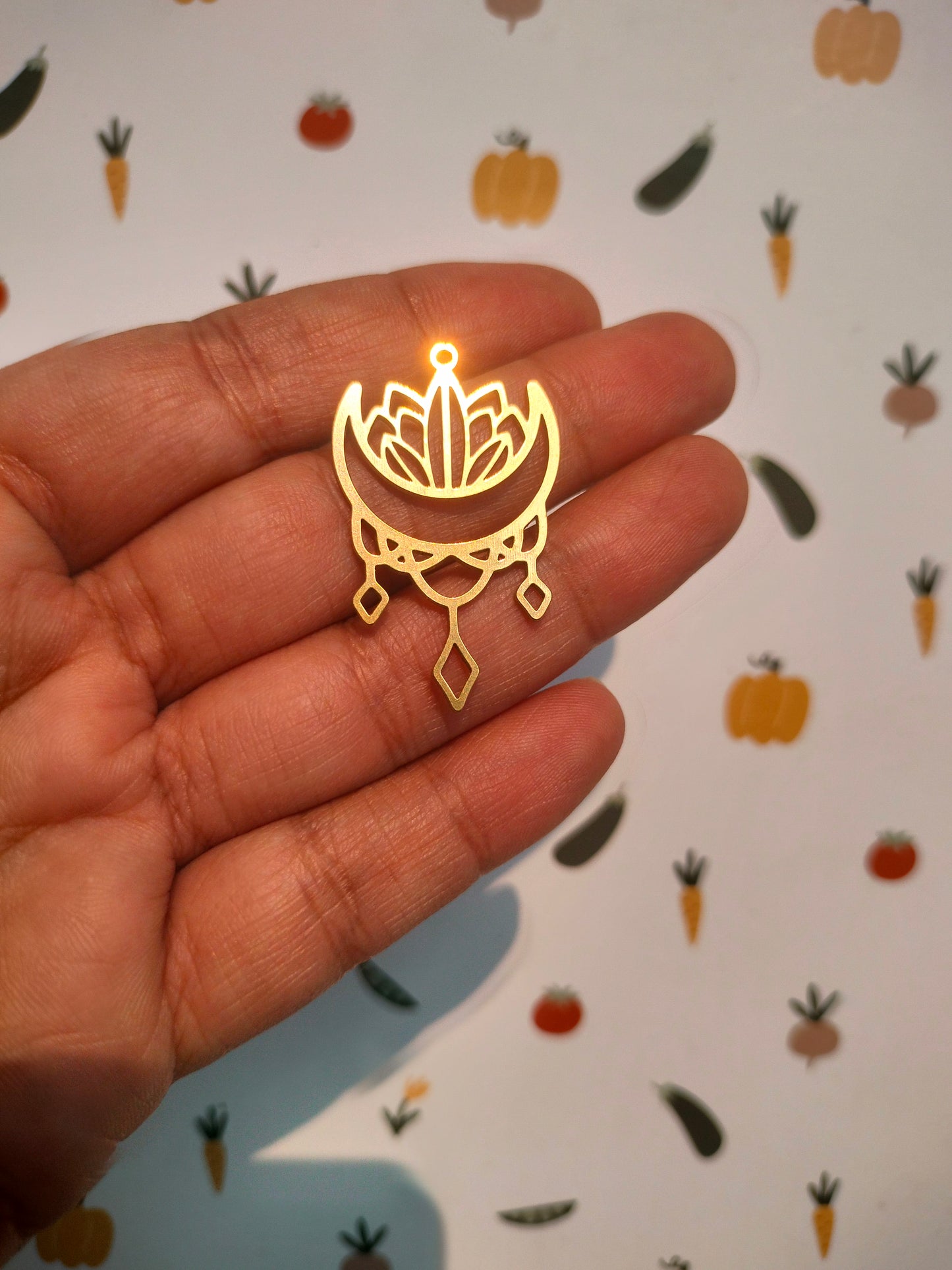 Crescent Lasercut Charm, Raw Brass Moon Lotus Rhombus Tassel Pendant