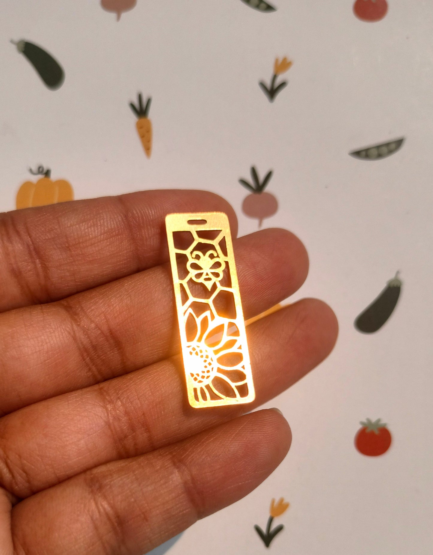 Sunflower Lasercut Charm, Raw Brass Rectangle Hollow Bee Pendant