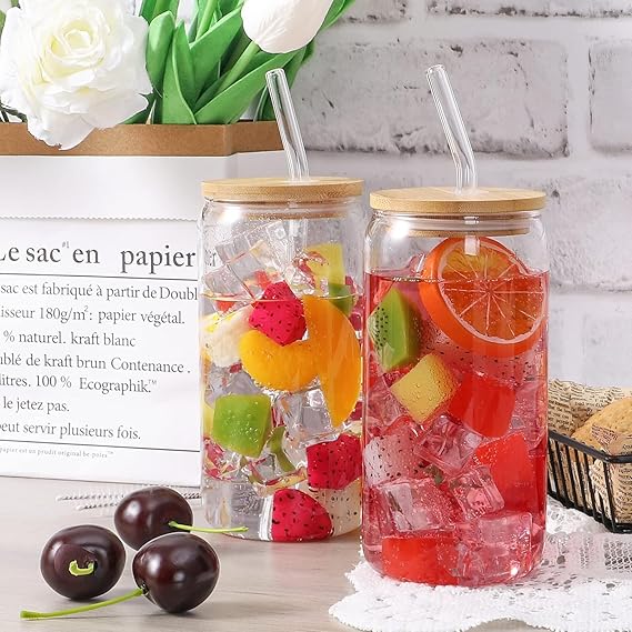 Printed Borosilicate Glass Tumbler with Bamboo lid and Glass Straw