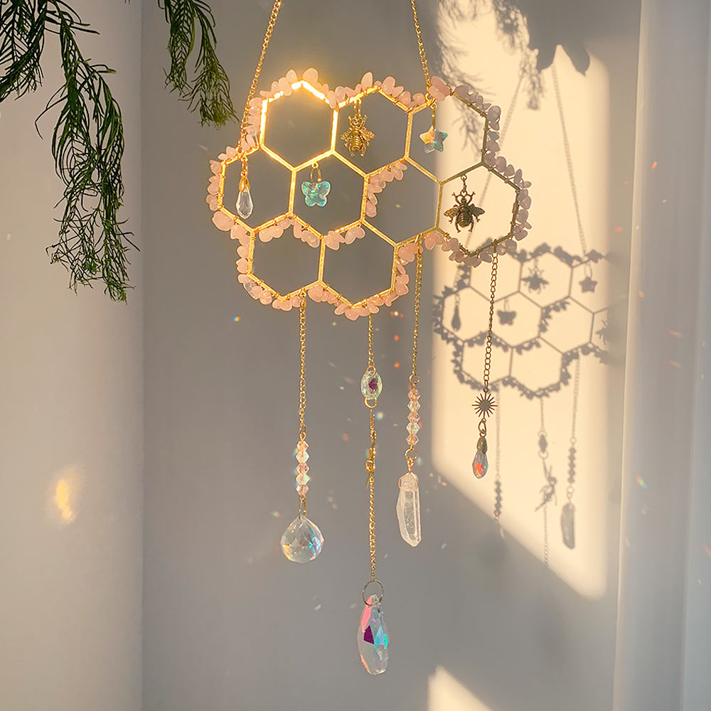 Astral Bloom | Honeycomb Crystal Suncatcher - Rose Quartz