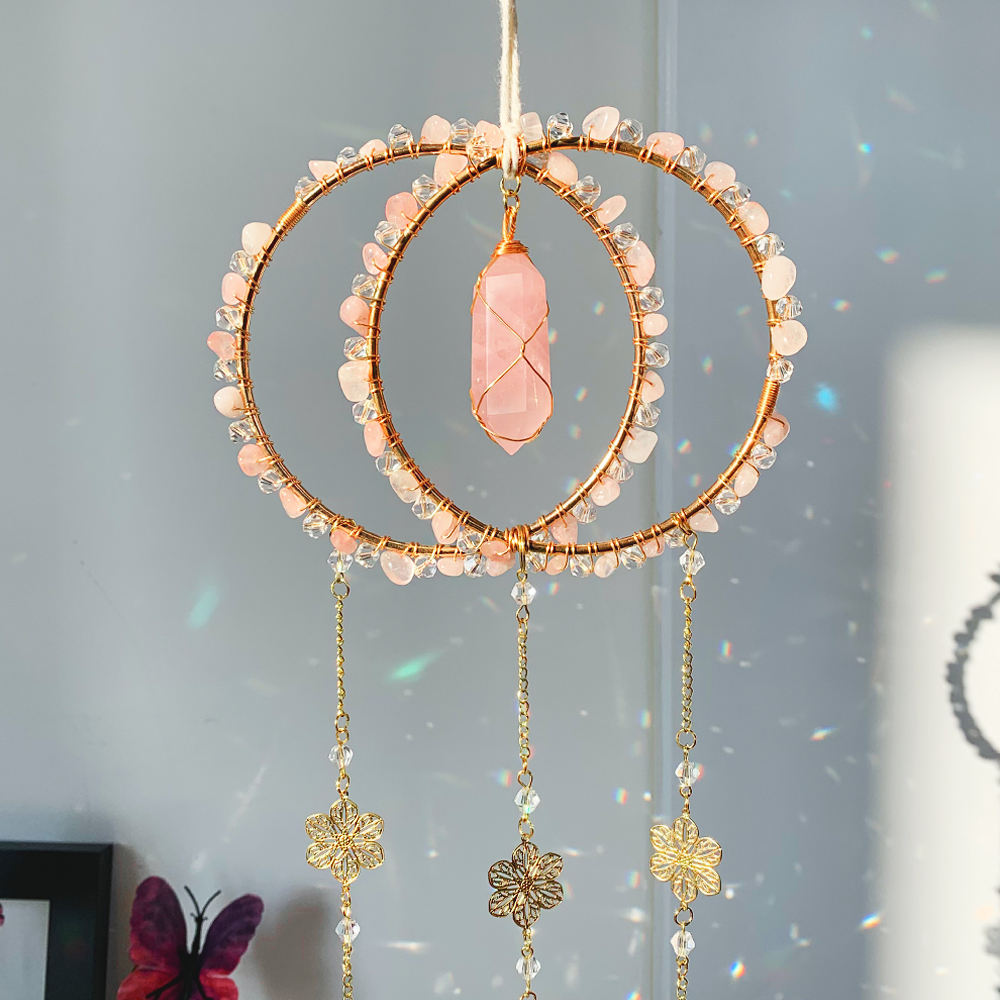 Celestial Blessing | Double Ring Crystal Suncatcher For Protection Rose Quartz