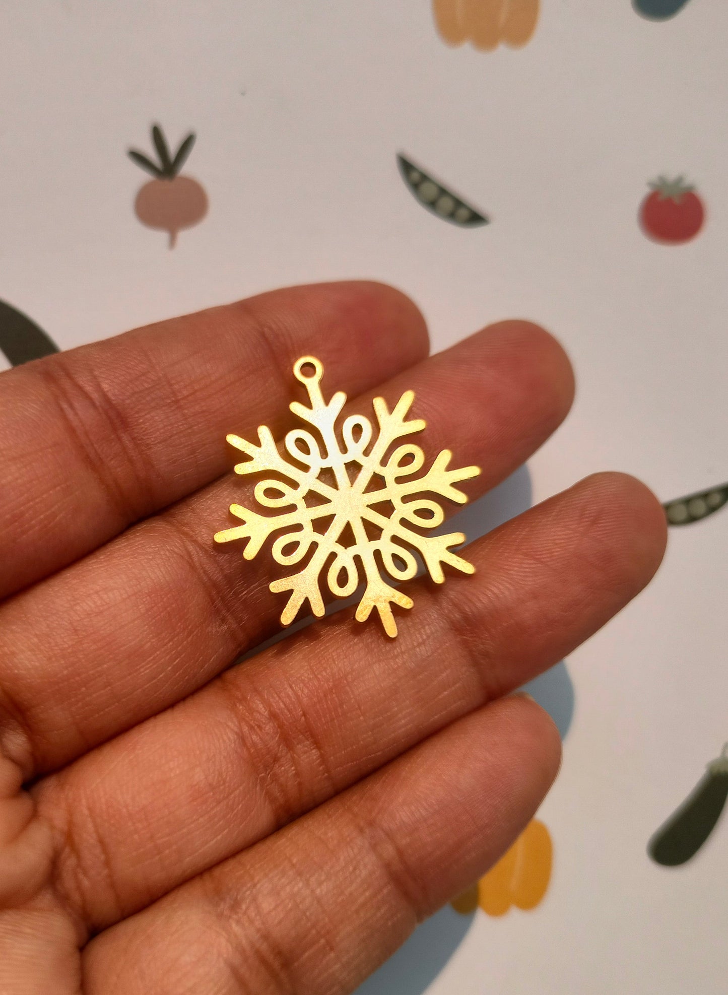 Raw Brass Snowdrop Charm, Abstract Snowflakes