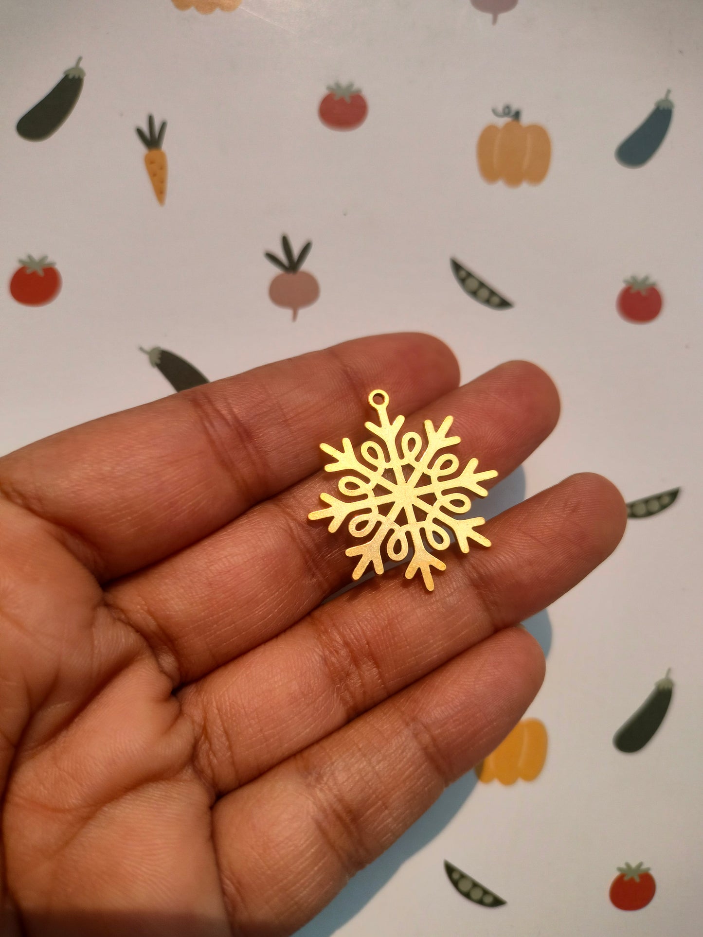 Raw Brass Snowdrop Charm, Abstract Snowflakes