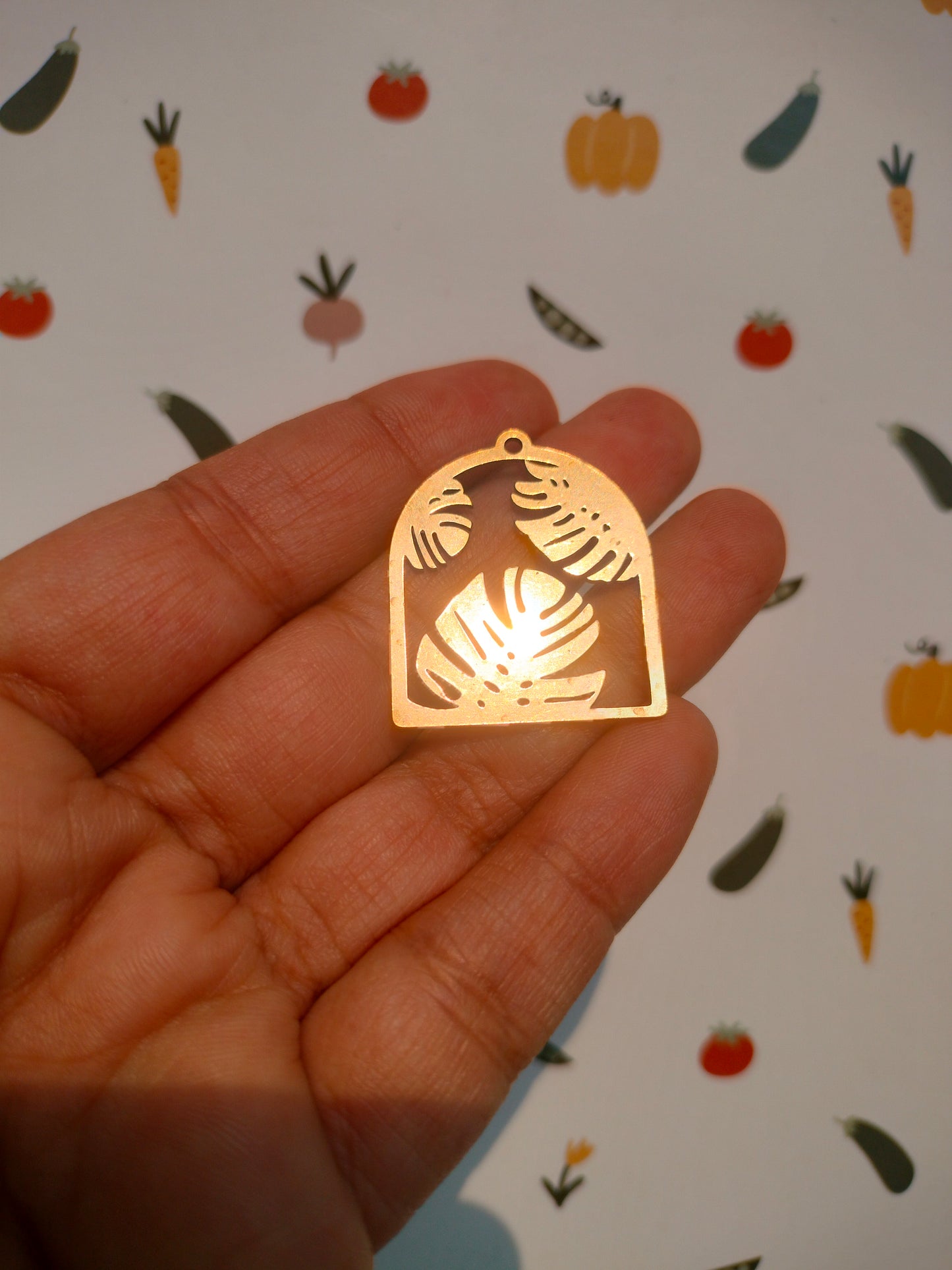 Plated Domed Monstera Charm, Raw Brass Botanical Garden Earring, Flat Monstera