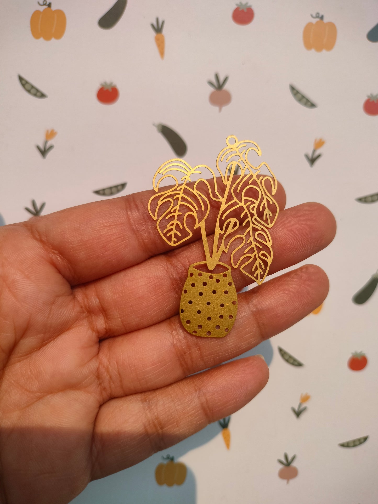 Raw Brass Monstera Flower Pot Earring, Bubbles Potted Plant Charm, Nervure Rib Leaf Pendant, Plant Charm