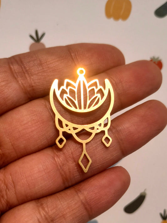 Crescent Lasercut Charm, Raw Brass Moon Lotus Rhombus Tassel Pendant