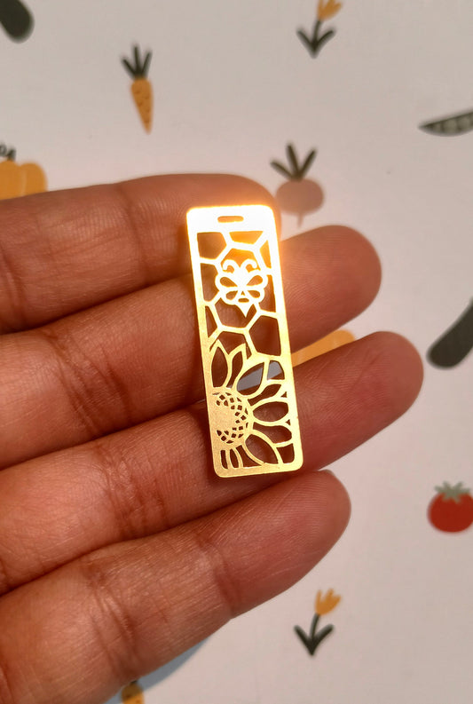 Sunflower Lasercut Charm, Raw Brass Rectangle Hollow Bee Pendant