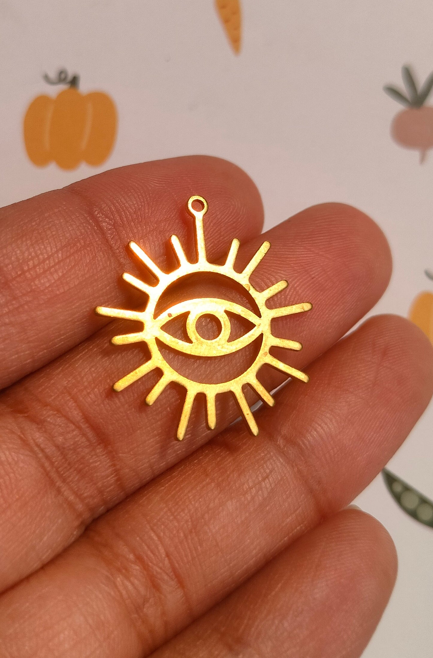 Eye Of The Sun Lasercut Earring, Raw Brass Sunshine Charm, Abstract Hollow Round Eye Charm