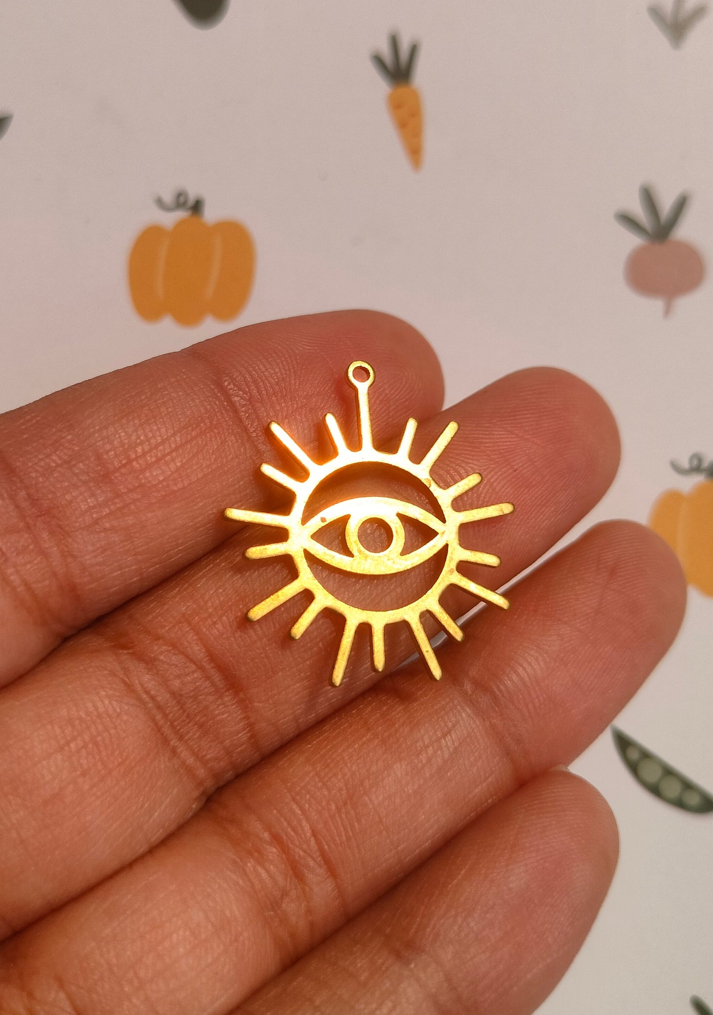 Eye Of The Sun Lasercut Earring, Raw Brass Sunshine Charm, Abstract Hollow Round Eye Charm