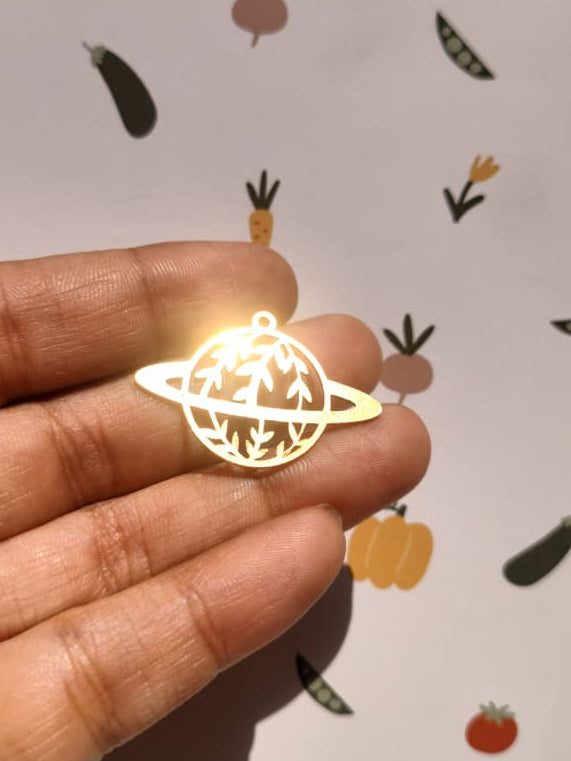 Plant Saturn Charm, Planet Earring Charm, Branch Leaf Pendant, Celestial Pendant for Jewelry Making