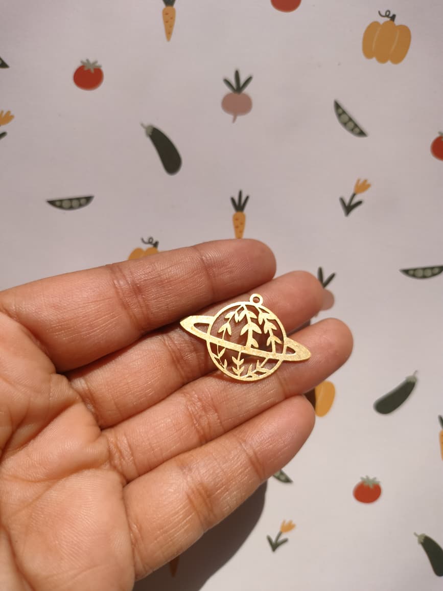 Plant Saturn Charm, Planet Earring Charm, Branch Leaf Pendant, Celestial Pendant for Jewelry Making