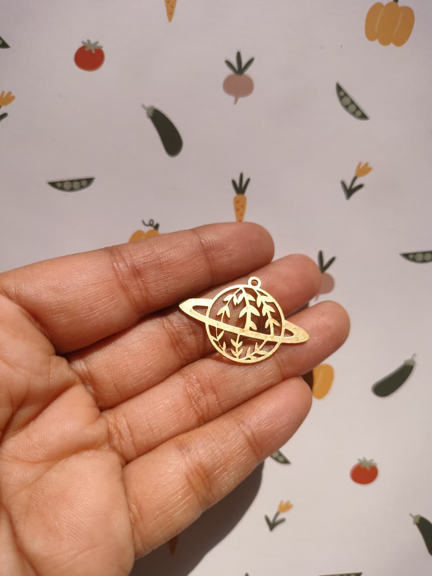 Plant Saturn Charm, Planet Earring Charm, Branch Leaf Pendant, Celestial Pendant for Jewelry Making