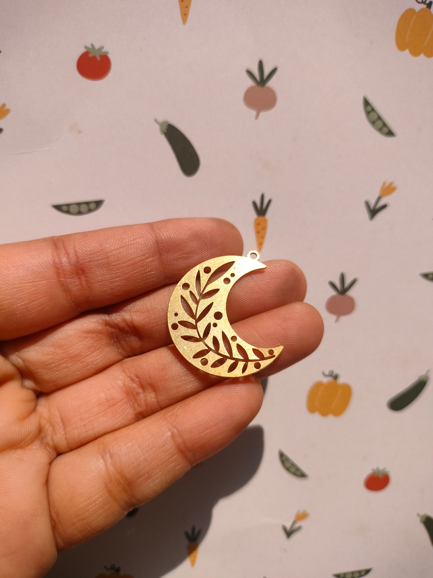 Crescent Lasercut Earring Charms,  Leaf Branch Hollow Celestial Moon Pendant
