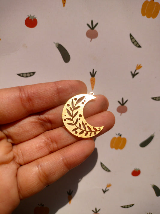 Crescent Lasercut Earring Charms,  Leaf Branch Hollow Celestial Moon Pendant